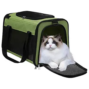 WDM Pet Travel Carrier Bag - Airline Approved Soft Sided Folding Pet Cage with Locking Safety Zippers, Removable Fleece Pad and Pockets for Small Medium Cats Dogs Puppies (M, Green)