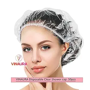 VINAURA Disposable Shower Cap | Transparent Free Size | Bath Caps Large Thick Elastic for Women Men Kids Spa Salon Home Use Travel Friendly Beauty Parlour Unisex | High Quality Durable (50pcs)