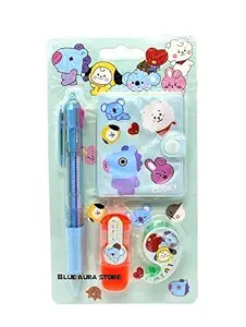 Blue Aura BT21 BTS Pack of 4 Products Mini Diary Pen Marker Tape Kit for Girls & Boys Or Gifting (Blue Kit)