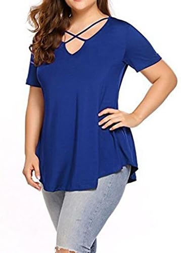 2018 New Womens Plus Size Solid Sexy Tops, Summer Lady Fashion V Neck Short Sleeve T Shirt Casual Criss Cross Blouse