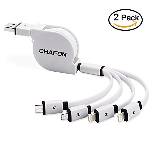 Preisvergleich Produktbild chafon Ladekabel Aufroller 4 in 1 mit 2 x 8 Pin Lightning / Micro USB / USB C Anschlüsse lädt Android, iPod, iPhone, iPad, Micro-USB und der U89 Smartphones und tablets-black 1 m / 3.3Feet