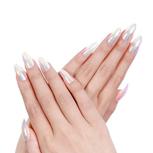 Ejiubas Chrome Design Stiletto Full Cover False Nail Tips, 24 Pcs with Nail Gule