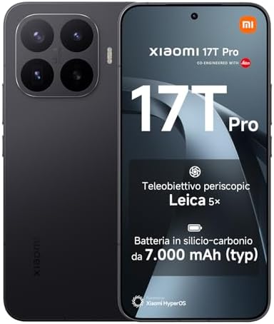 XIAOMI 17T Pro, Smartphone 12+512GB, Display Eye-Care 6,83" 144Hz, Batteria Silicio-carbonio da 7000mAh (typ), Teleobiettivo Leica 5x, 100W HyperCharge, Black, Garanzia 2 anni+1 anno extra