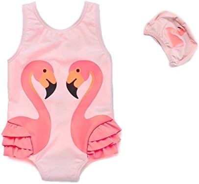 Injoy Clothes Girls' One Piece Swimwear Flamingo Printed Bathing Suit Swimsuit Swimwear + Hat for Girls Pink, Size XL Fits 4-5 Years Old