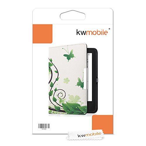 kwmobile Hülle für Tolino Shine 2 HD – Flipcover Case eReader Schutzhülle – Bookstyle Klapphülle Schmetterlinge Blätter Design Grün Weiß - 7