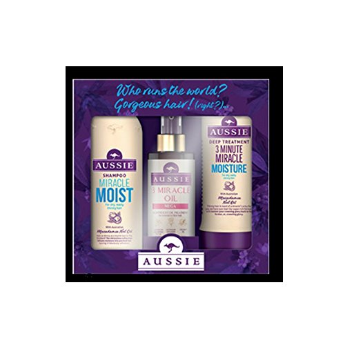 Aussie Miracle gift set including Miracle Moist shampoo 300ml, 3 MiracleOil Reconstructor 100ml, and 3 Minute Miracle Reconstrucor deep treatment 250ml Full size products