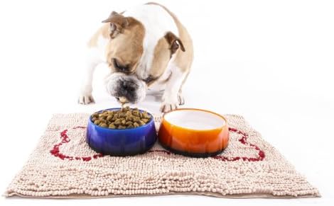 Soggy Doggy Slopmat, Ultra-Absorbent Dog Door Mat for Food and Water, Microfiber Chenille Dog Mat for Muddy Paws and Messy Eaters, Washable Indoor Dog Mats for Sleeping and Eating, Beige/Red Bone