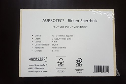 AUPROTEC 5x A5 Sperrholz-Platten Birke 4mm Multiplexplatten FSC und PEFC zertifiziert (148 mm x 210 mm) Bastel- und Laubsäge-Holzplatten Birke Massiv Multiplex Holz 1. Klasse Industriequalität - 2