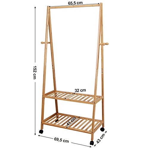 Songmics höhe 152 cm Bambus Kleiderständer Garderobenständer Kleiderstange Schuhregal mit Rollen 2 Ablagen 4 Haken 69,5 x 152 x 43 cm RCR52N - 7