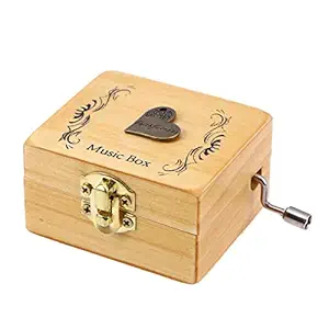 Wooden Music Box Hand-cranked Love Pattern Miniature Wind Up Handmade Mechanical Rotation Box for Birthday Valentine's Gift Christmas Decoration (Love Pattern)