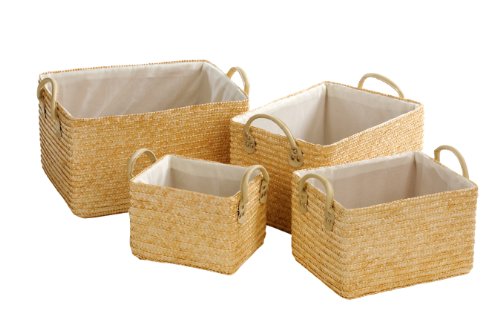 Premier Housewares Wheat Straw Baskets with Cream Fabric Lining - Set of 4 - Natural