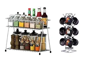 12FOR COLLECTION Multipurpose Stainless Steel Combo Spices 2-Tier Trolley and Cup Stand| Kitchen Storage Shelf |Shelves | Coffee Mug Holder| Stand | Rack 12 Hooks for Cups & Mugs (Combo)