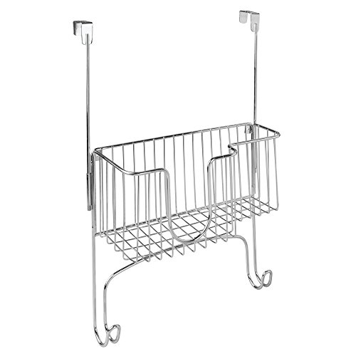 mDesign Bügelbretthalter mit Korb für Bügeleisen – zum Hängen über die Tür, Chrom - 3