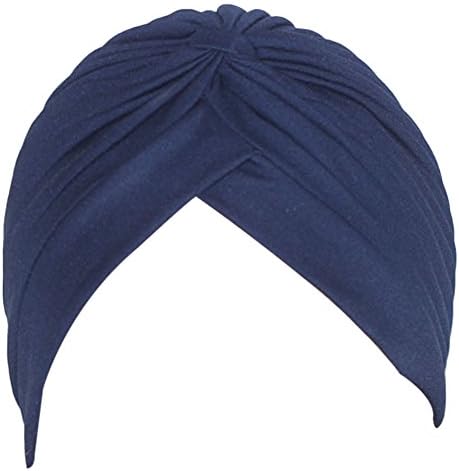 TagoWell Women's Chemo Pleated Pre Tied Head Cover Up Knit Bonnet Sun Turban Cap Navy Blue