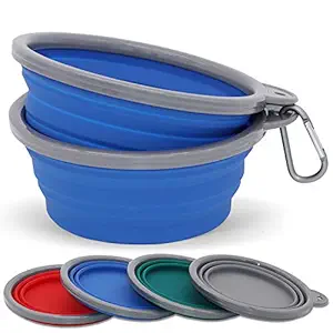AOII Collapsible Dog Travel Bowls Set Food Bowl Water Bottle Portable Walking, Small Puppies Blue 12oz 2 Pack