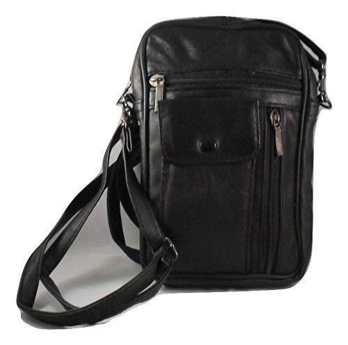 Men's Unisex Small Black Leather Bag Travel Organiser Pouch Camera Man Bag with adjustable shoulder strap