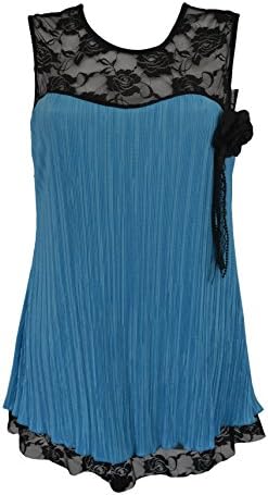 New Ladies Women Crinkle Sleeveless Flower Bow Lace Neck Top Tunic Plus Size (14-16, Blue)