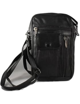 Men's Unisex Small Black Leather Bag Travel Organiser Pouch Camera Man Bag with adjustable shoulder strap