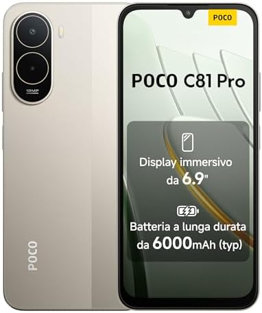 POCO C81 Pro Smartphone 4+256GB, Batteria da 6000mAh(typ) Display immersivo 6,9" con refresh rate 120Hz, Fotocamera AI doppia da 13MP, Design elegante e raffinato, Oro, Garanzia 2 anni+1 anno extra