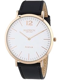 MADISON NEW YORK Avenue - Reloj de cuarzo unisex, correa de cuero color negro