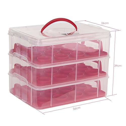 amzdeal 3 Etagen Kuchentransportbehälter 36 Cupcakes Behälter Tragbarer Transportbox für Kuchen, Cookies, Torten, Muffines Rot - 2