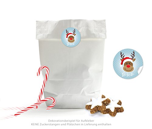 Preisvergleich Produktbild ADVENTSKALENDER DIY / GESCHENKTÜTEN SET: 24 weiße Papiertüten / Weihnachtsgeschenk / aus Kraftpapier / Geschenk / Bodenbeutel (17 x 26cm) + 24 selbstklebende Papieraufkleber Weihnachtsaufkleber iin blau mit lustigem Rudolph / Rentier • "HO HO HO" • Sticker / Geschenk - Aufkleber / Etiketten (Format 4 cm, rund, matt)