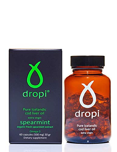 Cápsulas de aceite de hígado de bacalao virgen extra islandés Dropi Pure - Hierbabuena - Paquete de 60 - Dropi Pure Icelandic Extra Virgin Cod Liver Oil Capsules - Spearmint - Pack of 60