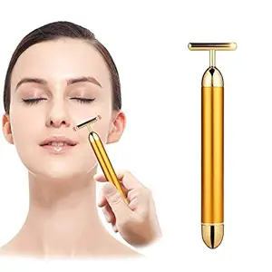 KTM Healthcare 1Pc 24K Gold Energy Beauty Bar Electric Vibration Facial Massage Roller Waterproof Face Skin Care T-Shaped Anti Wrinkle Massager for Forehead Cheek Neck Clavicle Arm Leg