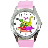Taport SCI FI-Armbanduhr, Dinosaurier, rund, echtes Lederband, inklusive Ersatzakku und Geschenkbeutel, Rosa