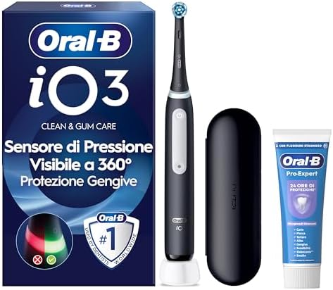 Oral-B iO 3 Spazzolino Elettrico, 1 Testina, Custodia, Dentifricio, Nero - 1 Testine di Ricambio per Spazzolino Elettrico, Ricaricabile + 1 Dentifricio Pro-Expert Sbiancante Delicato