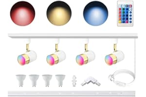 Bravsekai GU10 16-Colour RGB Track Lighting Kit, 4-Pack Color-Changing Spotlights and 1M H Track Rail, IR Remote Controlled Ceiling Spotlight Fixture for Living Room, Home Parties, Nightclubs, Bars