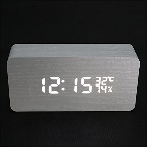 GuDoQi® Multi funktions led holz uhr temperatur und luftfeuchtigkeit display digital sound aktiviert LED alarm weißer typ weiße hintergrundbeleuchtung square typ - 2