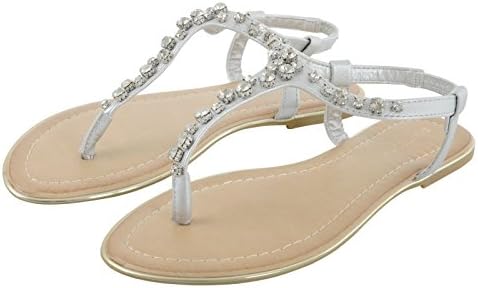 Pia Rossini Womens Summer Sandals Flat Chianti Beach Holiday Shoes Ladies Diamante Strappy Slip On Elastic Ankle Flip Flop Silver 8 UK