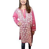 Womens Tunic Dress Pink Floral Hand Embroidered Cotton Kurta Dress XL