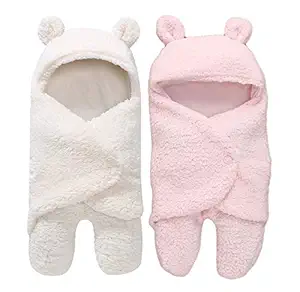 My NewBorn Baby Boys and Baby Girls 3 in 1 Fleece Blanket/Safety Sleeping Bag (White and Pink) - Pack of 2 Pcs