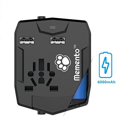Memento Multifunktionaler Weltraumadapter | ULTIMATE REISE ADAPTER | All-in-One POWER SUPPLY und PLUG CONVERTER mit intelligenter 2.5A FAST CHARGE Ausgabe | Dual USB Ports und eine eingebaute 6000mAh POWER BANK | Gleichzeitiges Wechselstrom- u. USB-Aufladen | Tragbarer USB-WANDSTECKER Kompatibel mit mehr als 150 Ländern, darunter Europa, Großbritannien, USA, Japan, Hongkong, Singapur, Thailand und Australien! (Black) - 5