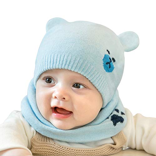 ADESUGATA Baby Kinder Winter Warm Gestrickter Mütze Schal Sets,Kleinkind Kinder Warme Beanie Mütze Weiche Baumwollkaps Schals Hüte für Baby Mädchen Jungen Säuglings Kinder 0-36 Monate (Blau)