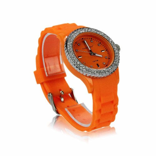 Damen Strass Silikon Armbanduhr Trend Gummi Uhr Quartz in Geschenkbox Orange