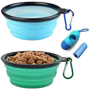 AGECASH A Collapsible Dog Bowl,Portable Travel Silicone Pet Bowl, Expandable for Dog/Cat Food Water Feeding,Including a Poop Bag Holder Dispenser and a Roll of Bags
