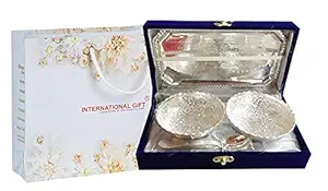 International Gift German Silver Brass Solid Round Bowl Set With Tray And Spoon With Blue Velvet Box Pack Used for Dry Fruit, Sweets And Home Decor