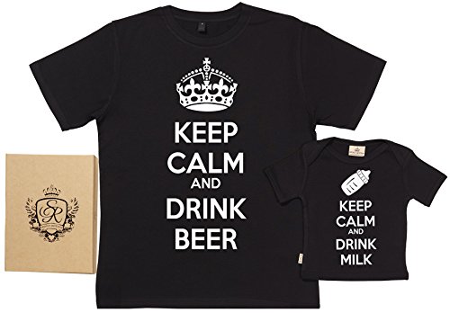 SR - Gift Boxed Dad & Baby Gift Set - Keep Calm Drink Milk & Beer Organic Matching Father & Baby T-Shirts - Black - Small & 12-18 Months