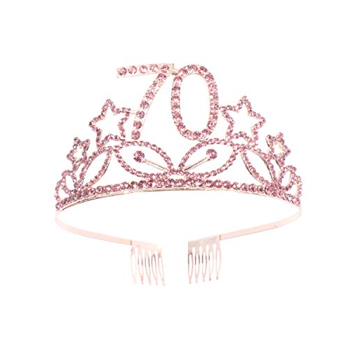 Beaupretty Happy 70th Birthday Tiara Crystal Rhinestone Women 70th Birthday Crown with Comb (Rose Gold)