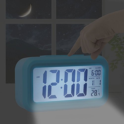 Bosdontek Smart LED-Digital-Wecker Snooze 5 Minuten, bald aufhören Alarmknöpfe, mit Datum, Temperatur-Sensor-Licht (blau) - 3