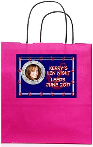 Personalised SAILOR Theme with BLUE LABEL ON HOT PINK PARTY BAG with YOUR PHOTO for Hen Night Nautical Navy Birthday Do Weekend sized 19x8x21cm