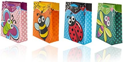 4x Bag Large Gift Bag with Bow – 3D WIGGLY EYES, 32x26x10 cm for Children's Birthday Party, Bee, Ladybug, Butterfly, Dragonfly