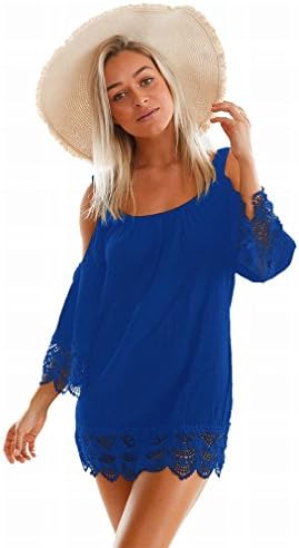 Dress Blouse Lace Crochet Lace Round Collar Shirt Mini Beach Skirt Cool Summer Wear,Blue,M