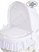 **BRAND NEW LUXURY WHITE WICKER CRIB / MOSES BASKET / BASSINET WITH HOOD, SOLID WHITE WOODEN BASE, WHITE WITH LACE BEDDING SET + BRITISH MADE MATTRESS