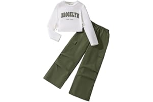 JiAmy Girls Long Sleeve Pullover Sweatshirt and Cargo Pants Outfits Fashion Fall Casual Sport Streetwear 7-12 Years