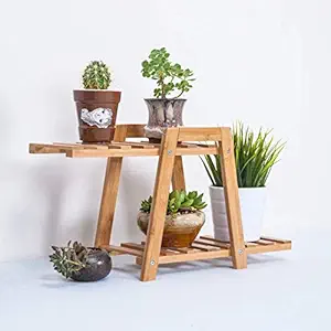 Weston Crafts 2 Layers Mini Bamboo Plant Stand Small Flower Display Rack Shelf Planter Indoor Outdoor Garden