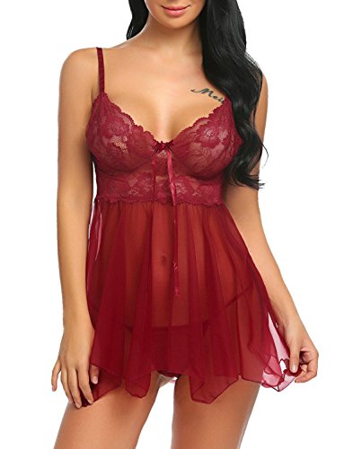 ADOME Spitze Negligee Sexy V-Ausschnitt Babydoll Lingerie Nachtwäsche Kleid Dessous Set für Damen mit Unregelmäßiger Saum und string Rot EU L